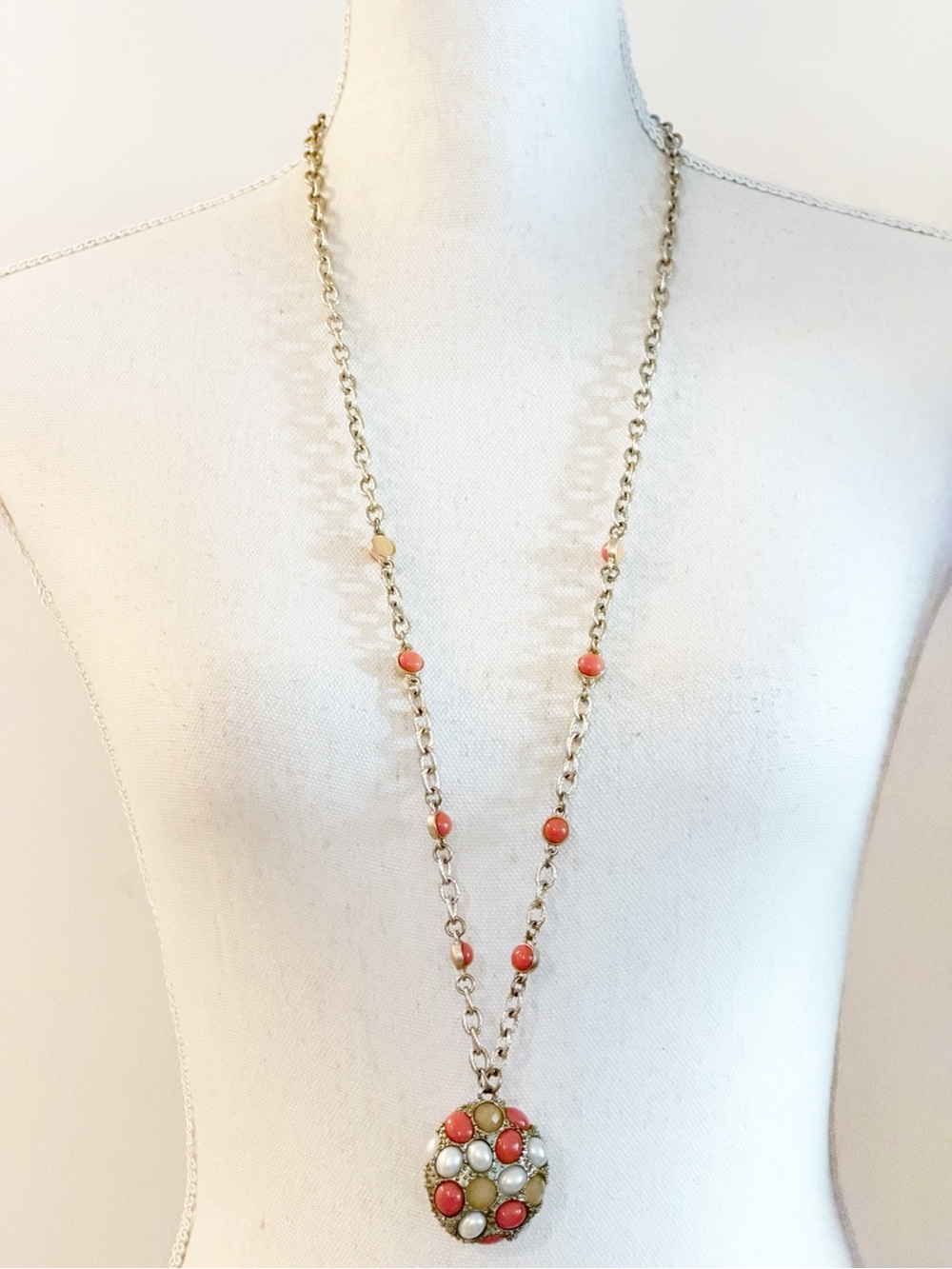 Lia Sophia Gold Tone Coral Ivory Statement Pendant Necklace Long Chain
